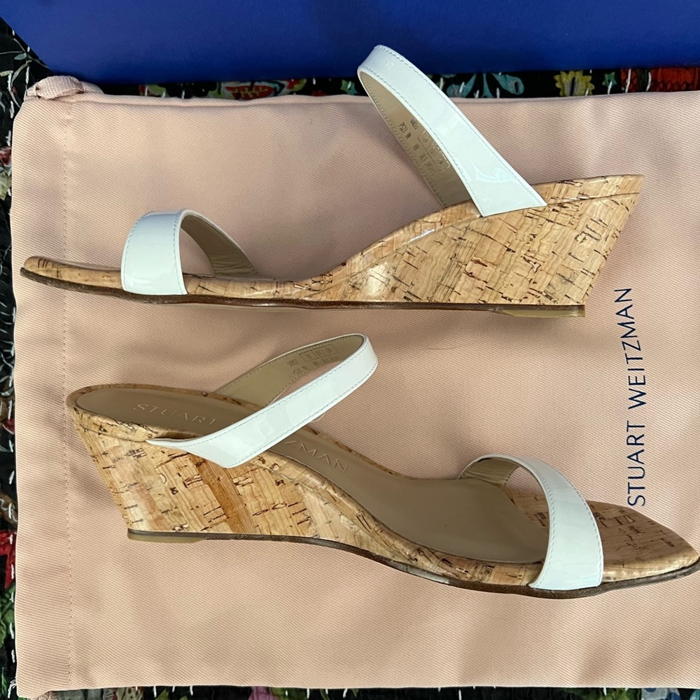 Stuart Weitzman woman’s size 8 White strappy slide wedge sandal, 2” heel height